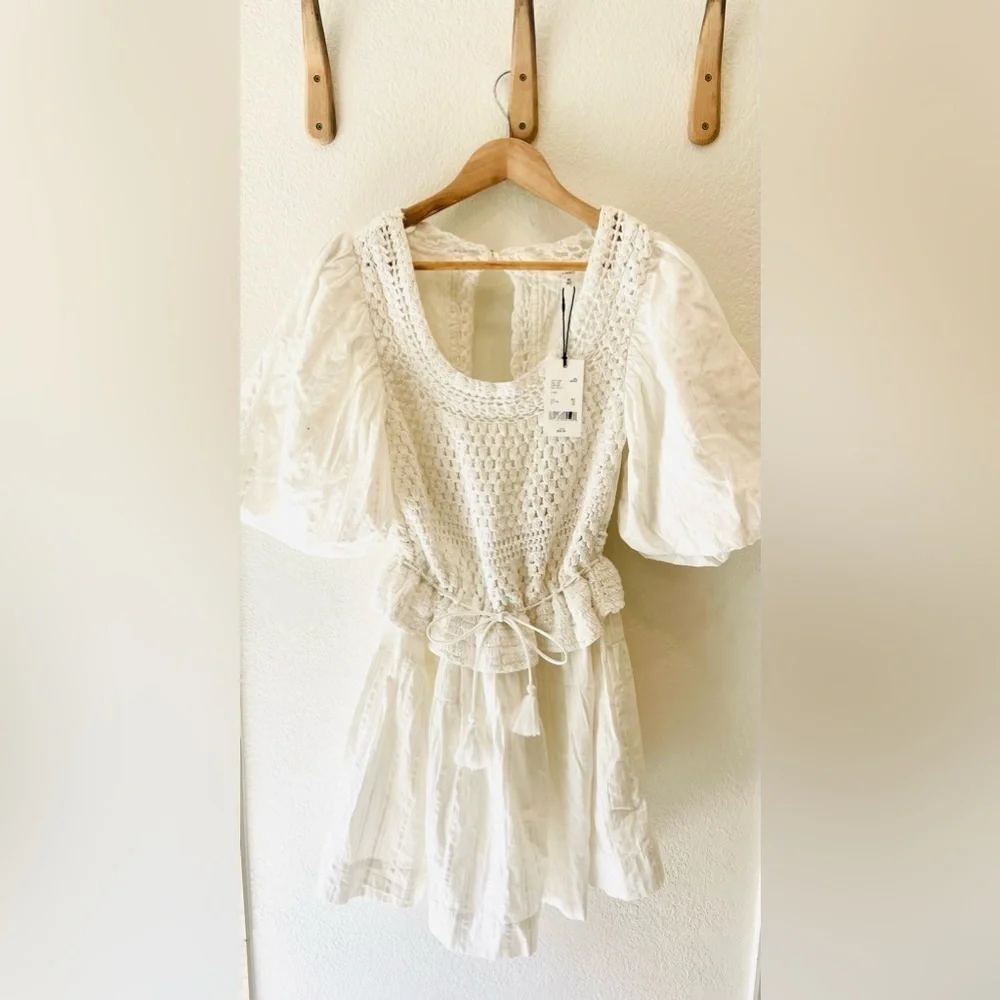 NWT A Loves Puff Sleeve Crochet Mixed Media Baby Doll Dress in Ivory Size XS - Picture 2 of 4
